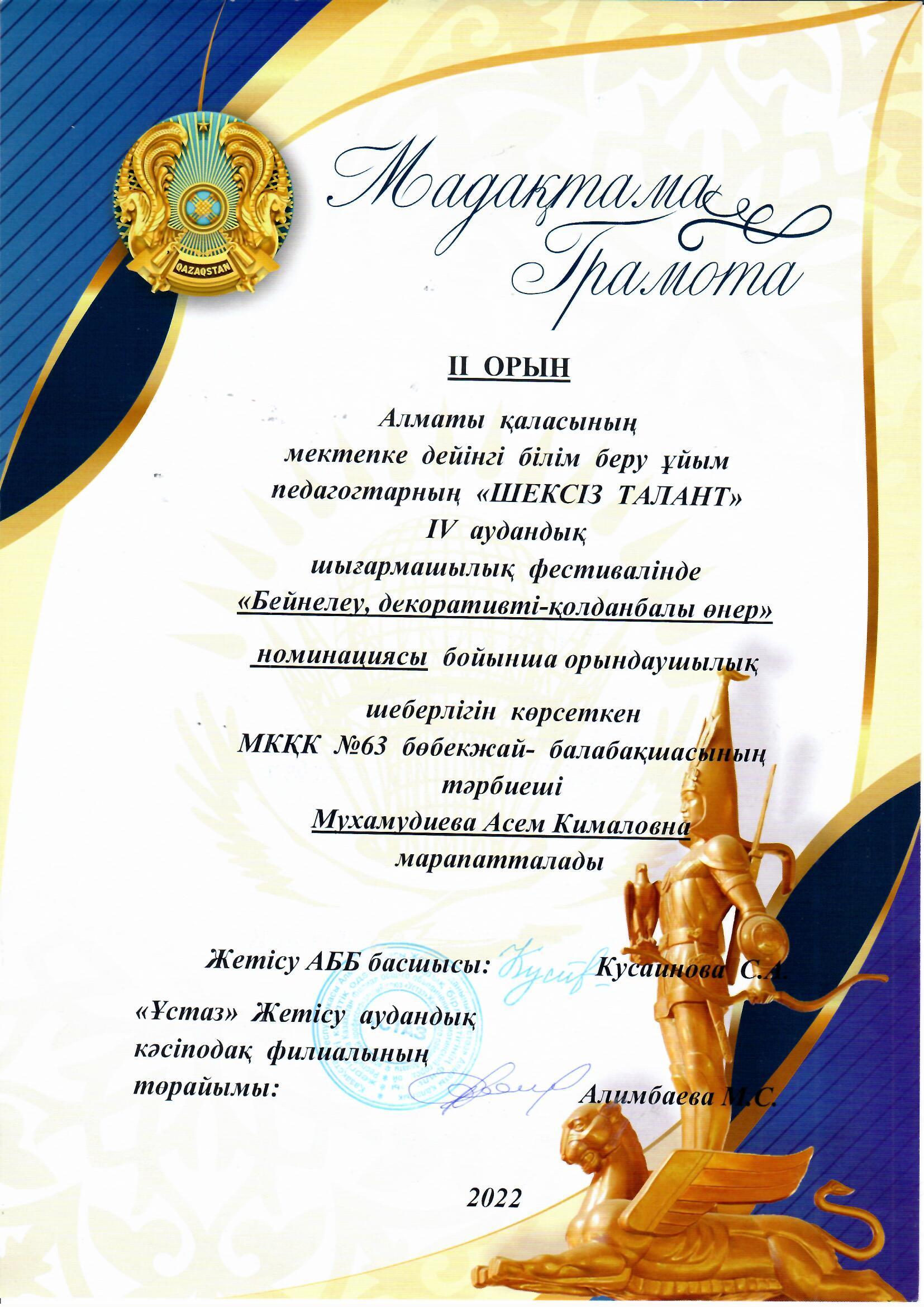 Алматы қаласының Жетісу аудандық мектеп жасына дейінгі мекеме педагогтарының «Шексіз талант» шығырмашылық фестивалінде «Бейнелеу, декоративті-қолданбалы өнер» номинациясы бойынша 2 орын иеленгені үшін Мухумадиева А.К марапатталды.